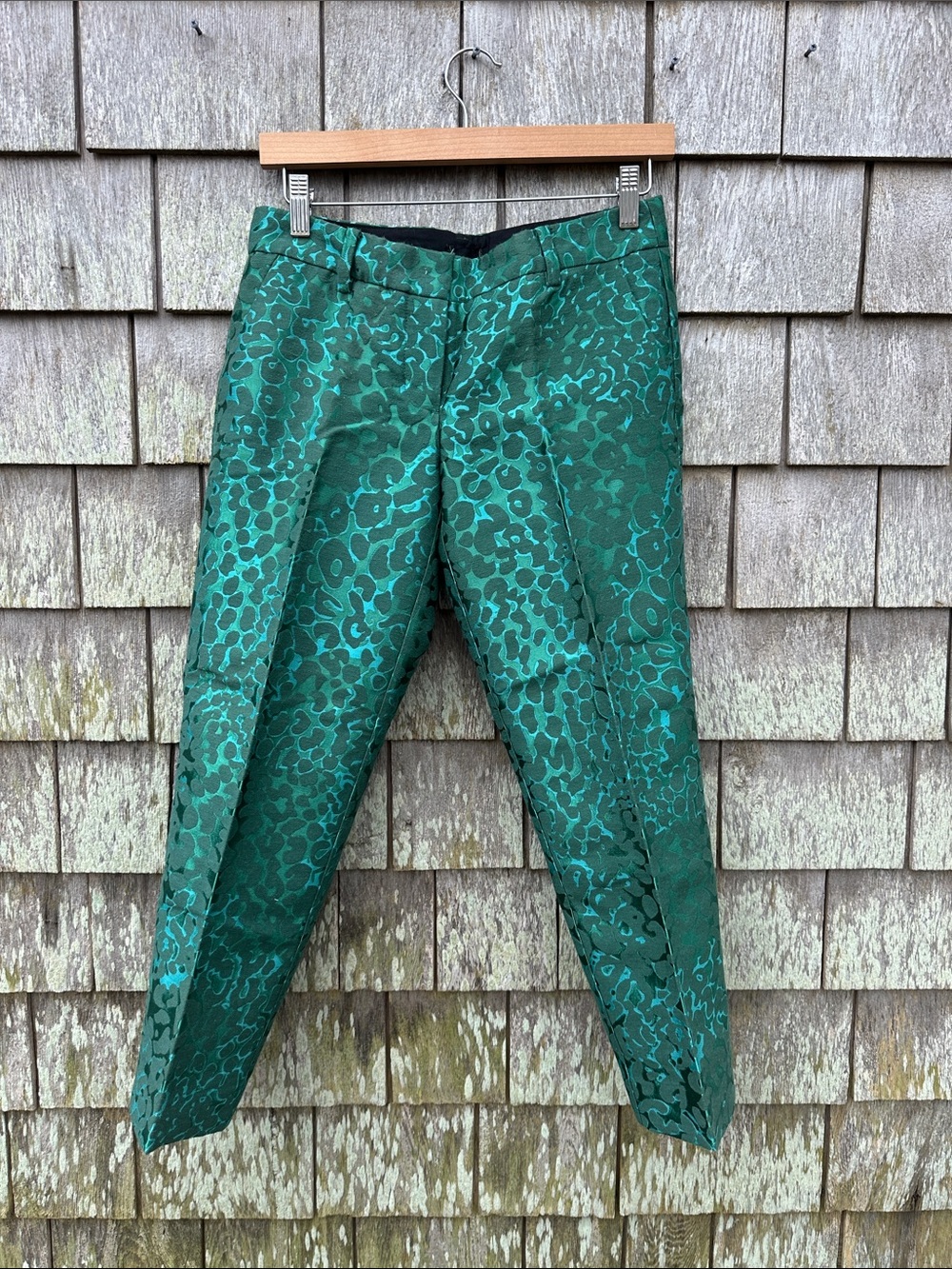 J. Crew City Fit Emerald Green Patterned Straight-Leg Pants Size 0
